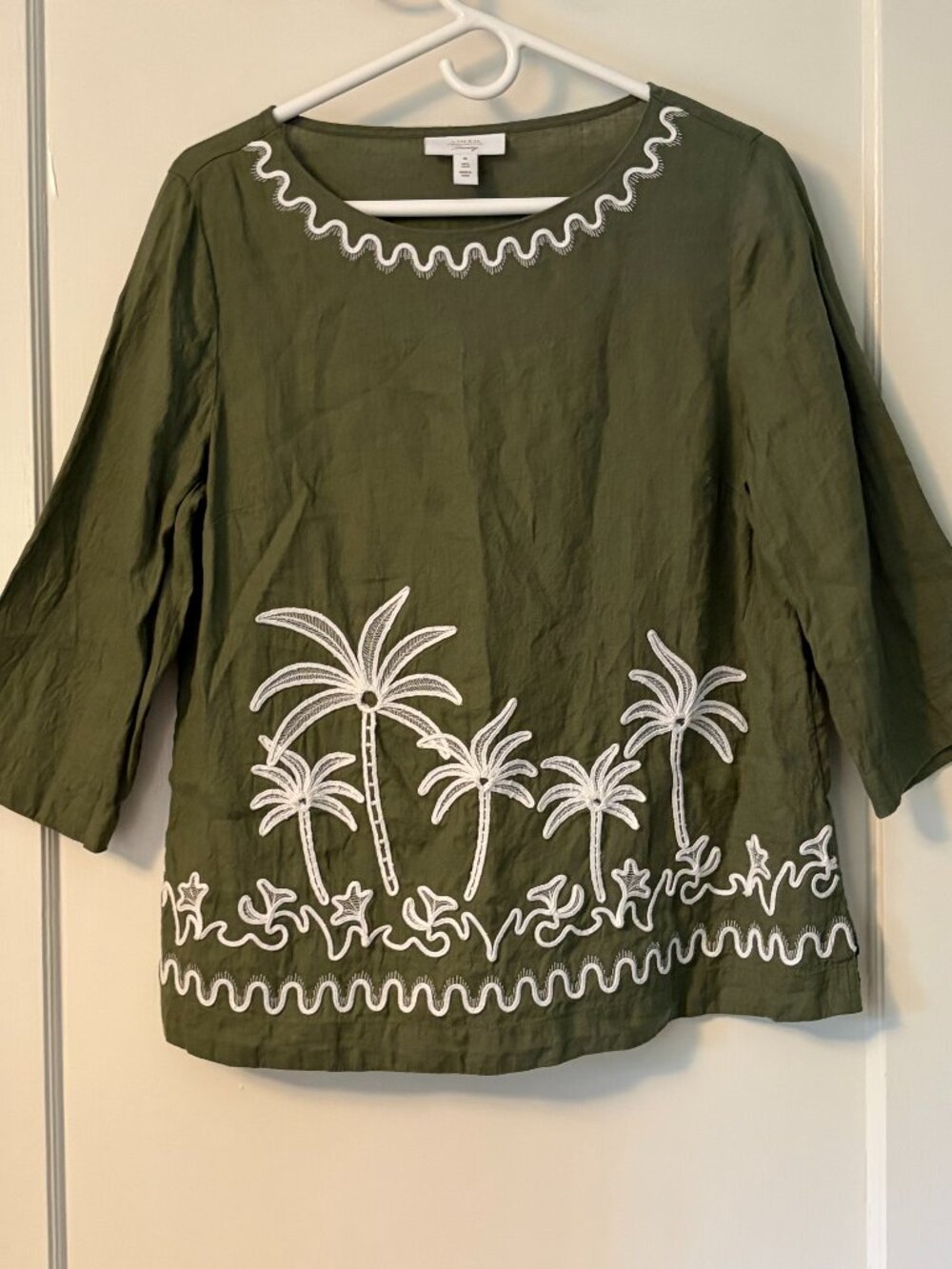 Charter Club luxury 100% linen olive green embroidered 3/4 sleeve blouse medium